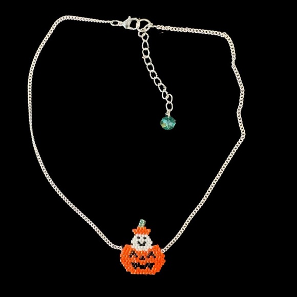 Handcrafted Halloween Adjustable Choker Necklace - Smiling Pumpkin & Ghost - Picture 4 of 5